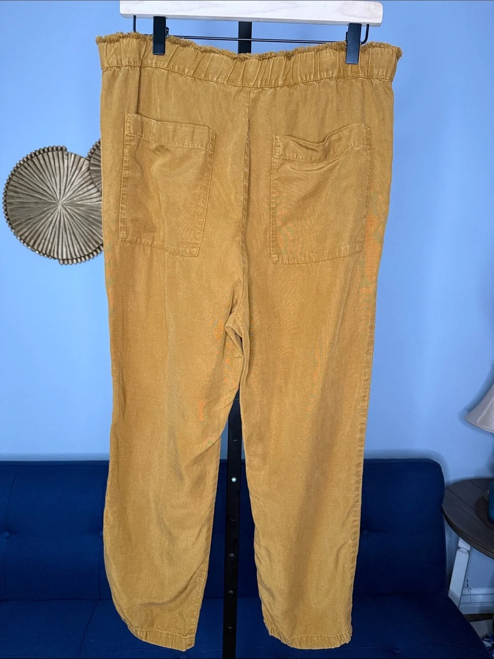 Women’s Mustard Yellow Drawstring Elastic Waist Deep Pocket Linen Lyocell Pants